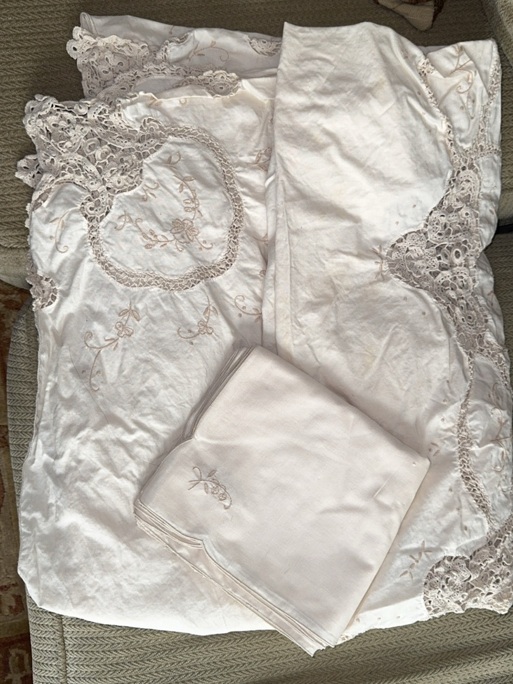 Vintage lace table linens tablecloth, and napkins